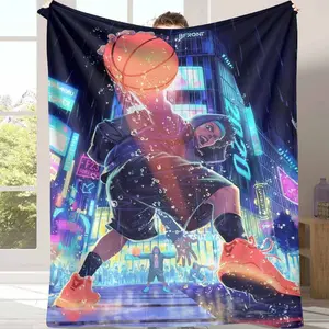 Urban Basketball Flannel Blanket Neon Cityscape Print UltraSoft Lightweight Warm Perfect for Game Nights Dorm Decor Sports Enthusiasts Street Style Gift for Basketball Players