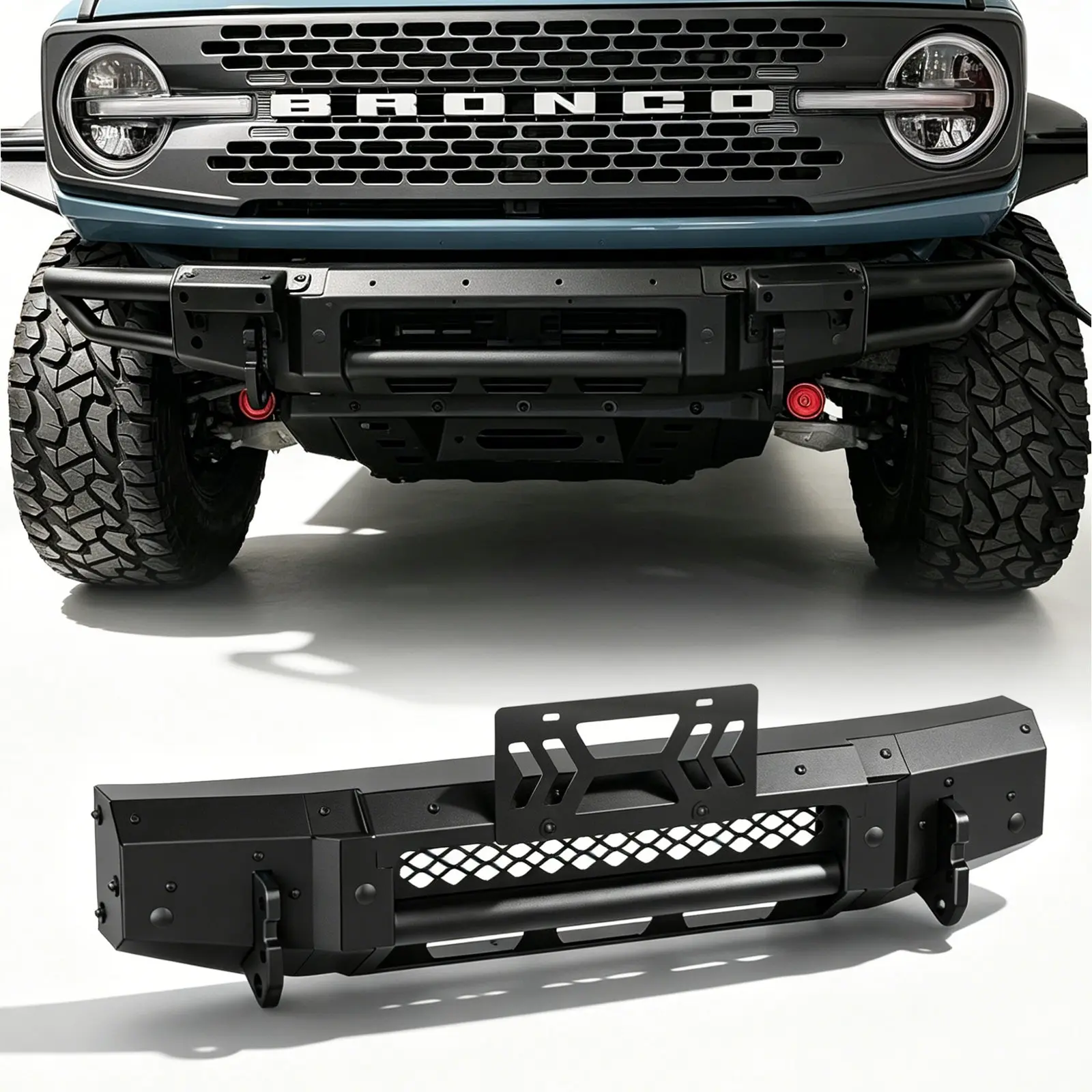 WOLFSTORM Front Bumper for Ford Bronco with Winch Plate, Sensor Mounting Hole, and Bumper Style Registration Plate Holder