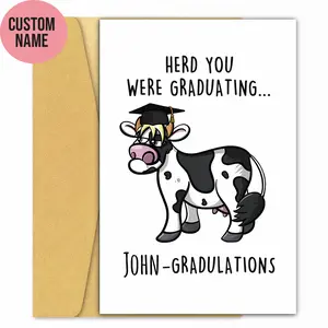 Funny Graduation Card – “Herd You Were Graduating” Pun Card | Custom Name Congrats Card