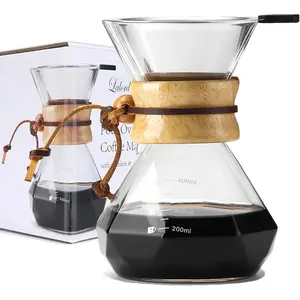 Pour Over Coffee Maker with Stainless Steel Filter, Borosilicate Glass Coffee Carafe, Modern Wooden Collar, Hold 2 Cups, 400 ml/13.5 oz, Clear