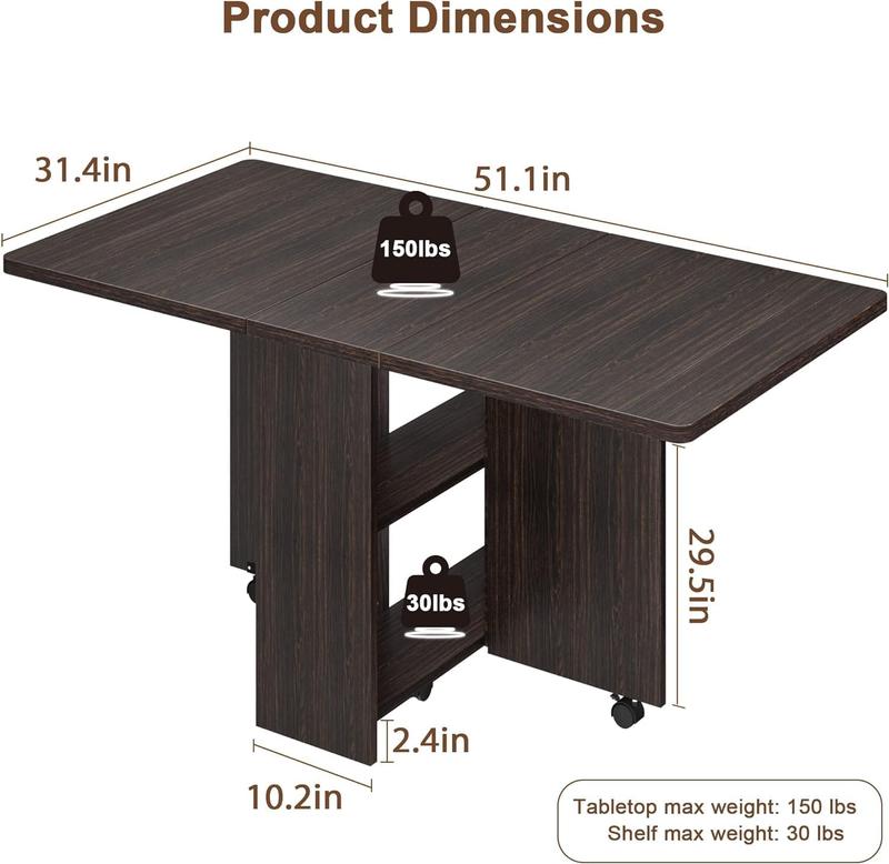 【 table only 】 FoldingTable, Drop Leaf Dining Table with 6 Wheels and 2-Layer Storage Shelf, Space Saving Table for Small Spaces (Dark Walnut, 50.1" D x 31.4" W x 29.5" H)