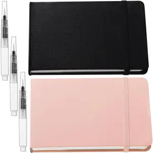 2 Pcs Watercolor Sketchbook with 3 Brush Pens, 140lb/300gsm Paper, Small Portable Travel Watercolor Journal, Pocket Notebook with Folding Pockets, Tear Away Pages with Dotted Line(7.6" X 5.3")