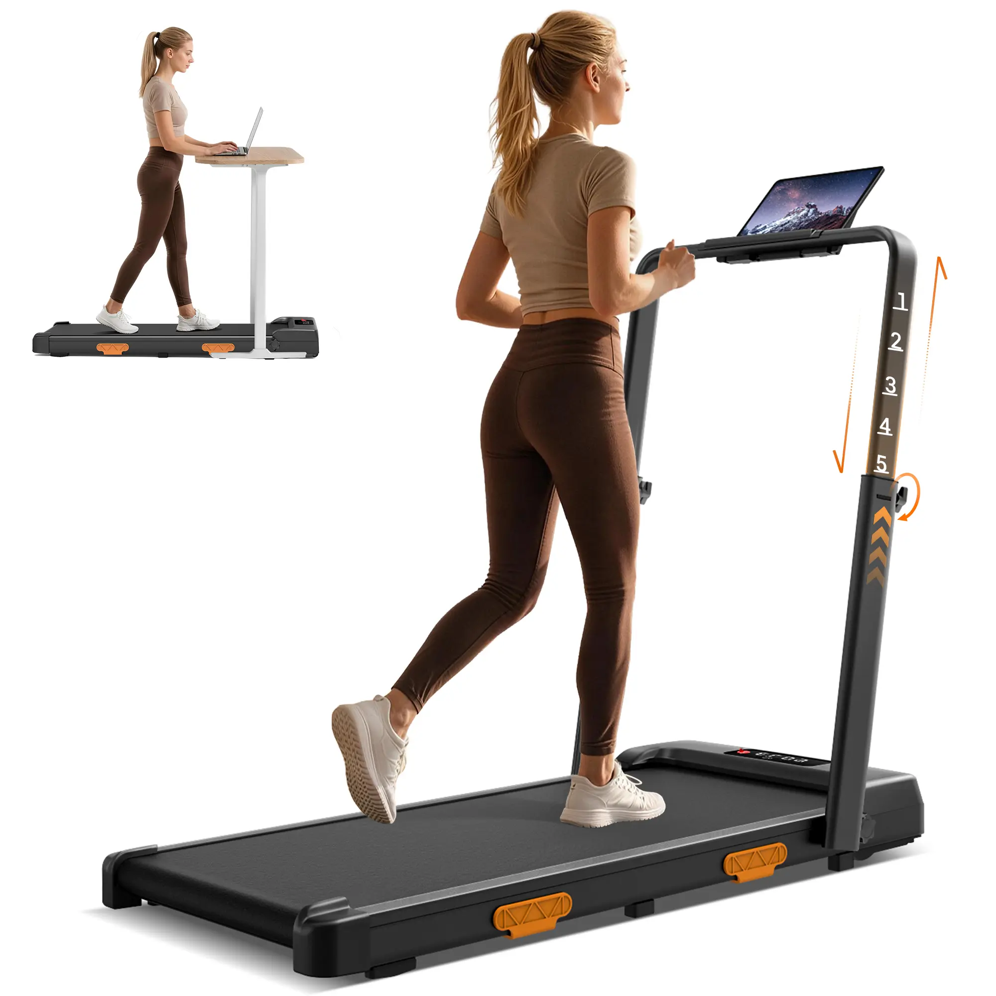 UMAY 5-Level Adjustable Handrail Treadmill , 7" Elevation, 3.0HP 350LBS Folding Walking Pad, Extra Wide Belt ， Remote & LED for Adults, Seniors, Home & Under Desk Office