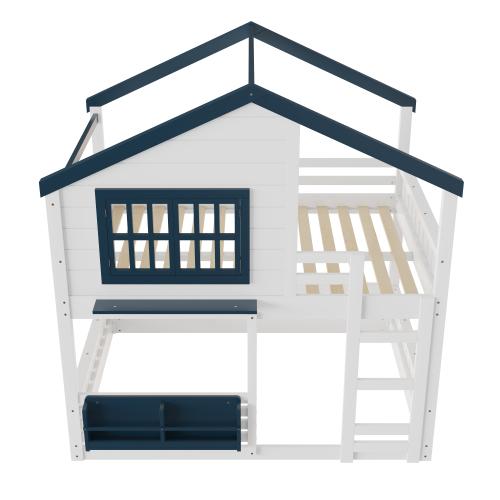 Bellemave  Bunk Bed/Loft Bed with Bookshelf, House Design, High-Quality Safety Fencing.The upper layer is used as a sleeping area, while the lower layer can be flexibly configured as a gaming area, learning area, storage space, or additional sleeping area