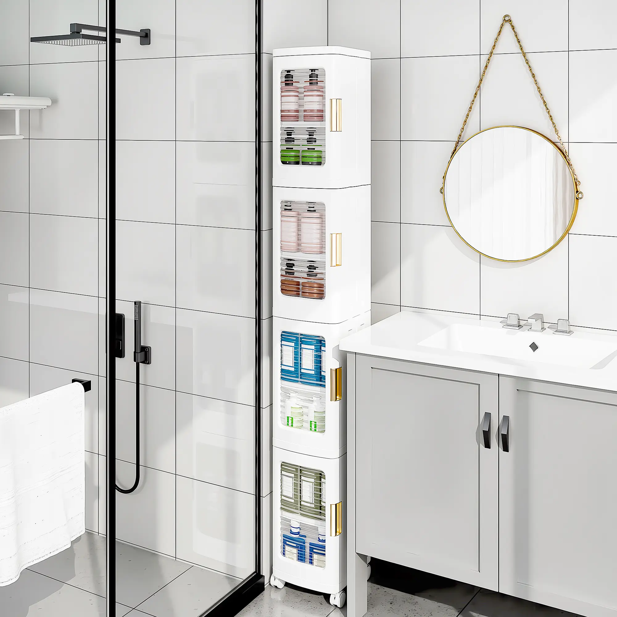 VECELO 4-Tier Tall Narrow Storage Cabinet with Movable Wheels, Adjustable Shelves, Anti-Tip, Slim, for Small Space, Bathroom, Kitchen, Laundry, White