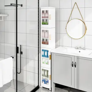 VECELO 4-Tier Tall Narrow Storage Cabinet with Movable Wheels, Adjustable Shelves, Anti-Tip, Slim, for Small Space, Bathroom, Kitchen, Laundry, White