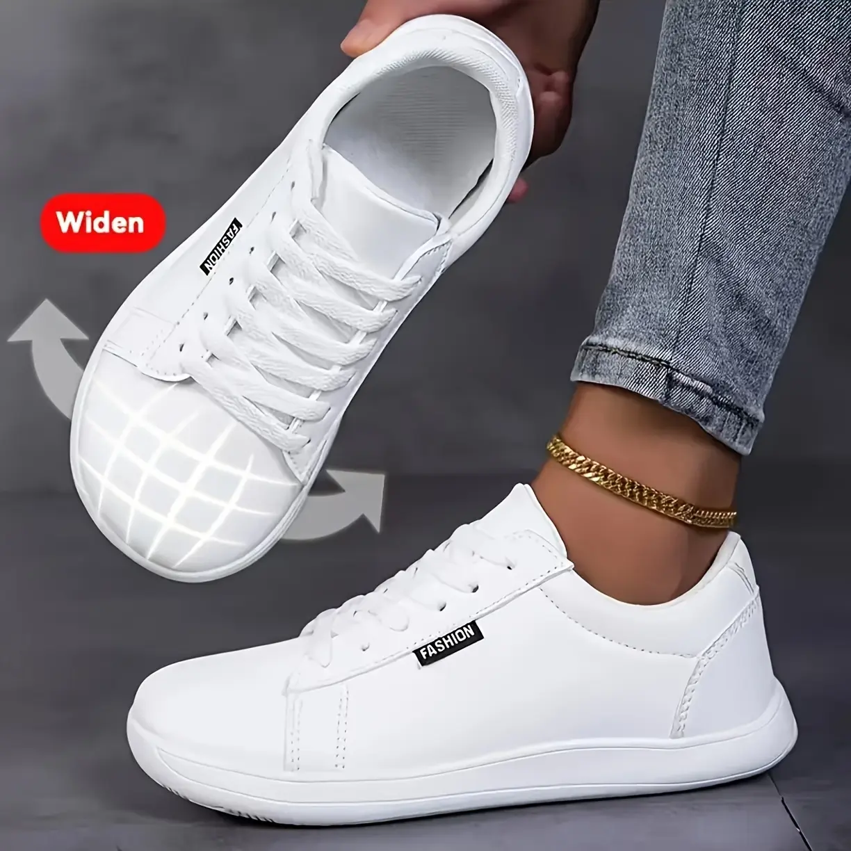 Women's Wide Width Basic White Casual Trainers - Solid Color, Thin Strap, Lightweight Soft Upper, Walking Footwear, Sneaker, Round Toe, Genuine Leather, Breathable, Low Top, Ankle, All Seasons, Lace-Up, White Stitching Casual Trainers, Laces Casual Traine