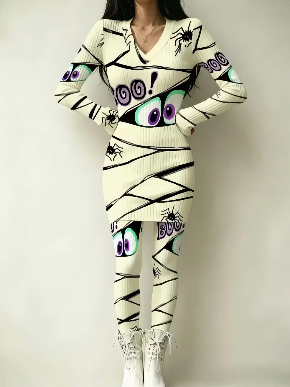 Halloween-themed women's dress set, mixed colors, multiple sizes available, featuring a fun "BOO!" spider and eye design, a whimsical style, suitable for parties and everyday wear, fashionable and comfortable.