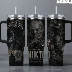 Call of Duty "Nikto - Spetsnaz Silent Precise Ruthless" Gaming Tumbler, 20oz & 40oz Insulated Travel Mug with Handle. Military Tactical Operator Graphic Merch, Perfect Gift for COD Fans