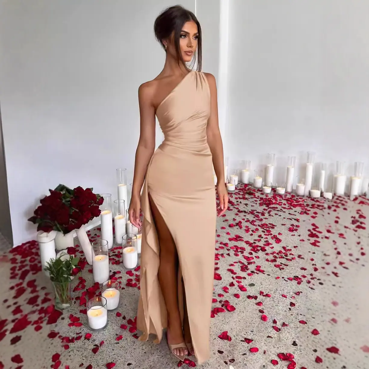 2026 Women's Summer One Shoulder Ruched Slit Satin Dress, Elegant Sexy Short Sleeve Party Dress - TikTok Shop 2026 Women's Summer One Shoulder Ruched Slit Satin Dress, Elegant Sexy Short Sleeve Party Dress - TikTok Shop