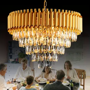 Modern Golden Crystal Chandelier, Height-Adjustable Raindrop Effect 5-Tier 23.2-Inch E12 K9 Crystal Chandelier for Living Room/Dining Room/Bedroom