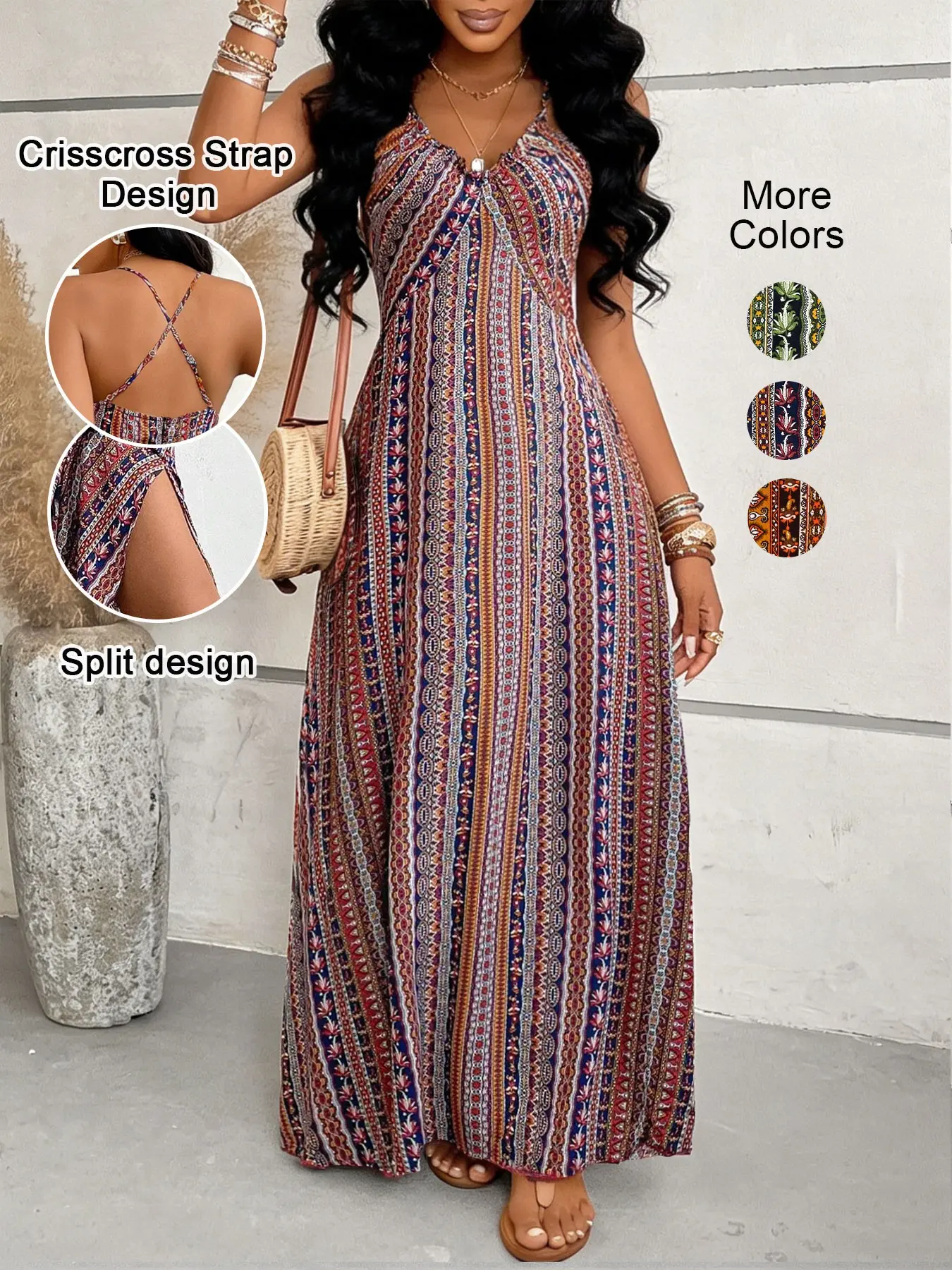 Women's Boho Chic Aesthetic Printed Split Sleeveless Long Dress, Classic Striped Design, Backless Adjustable Cross Spaghetti Strap Midi Skirt, Summer Beach Vacation Wear, Casual Wear, Bohemian, Boho Casual Style