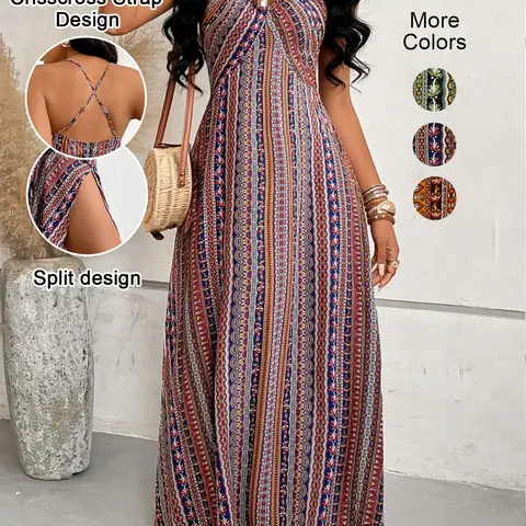 Women's Boho Chic Aesthetic Printed Split Sleeveless Long Dress, Classic Striped Design, Backless Adjustable Cross Spaghetti Strap Midi Skirt, Summer Beach Vacation Wear, Casual Wear, Bohemian, Boho Casual Style, Boho Fashion