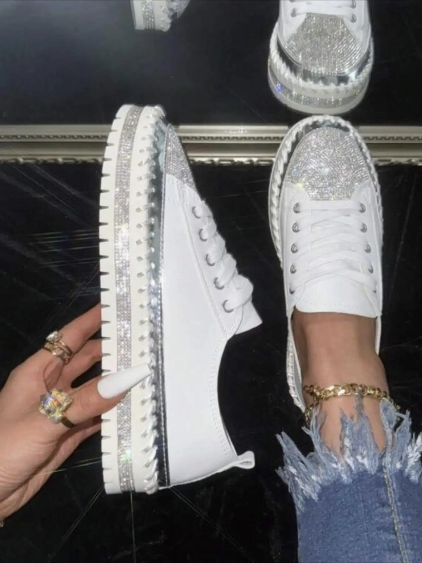 Women's Fashion Glittering Lace up Sneakers, Trendy Colorblock Soft Comfortable Sports Shoes, Casual Versatile Shoes for Daily Wear