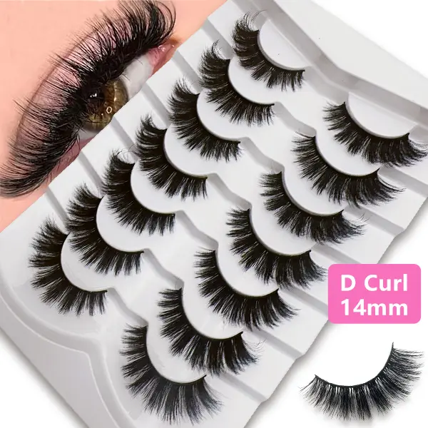 Faux Mink Lash Strips 7 Pair Multi-Pack, Fluffy D Curl 14mm 0.20mm Reusable Lashes with Comfortable Band, Cosmetic False Eyelashes for a Natural Look, False Eyelashes & Adhesives, Curved, Soft On Lash Line