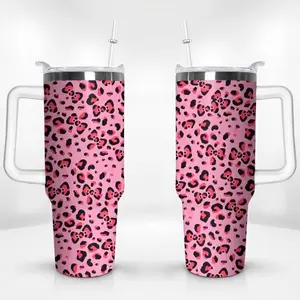 Leopard Print 40oz Double Wall Insulated Tumbler with Top Handle & Flip Straw Lid, Stainless Steel Travel Cup