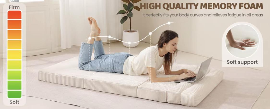 WINZOO Beige Convertible Futon Sofa Bed, Corduroy Fabric High-Density Foam Loveseat, Multifunctional Foldable Design for Living Room & Bedroom Reading Relaxation