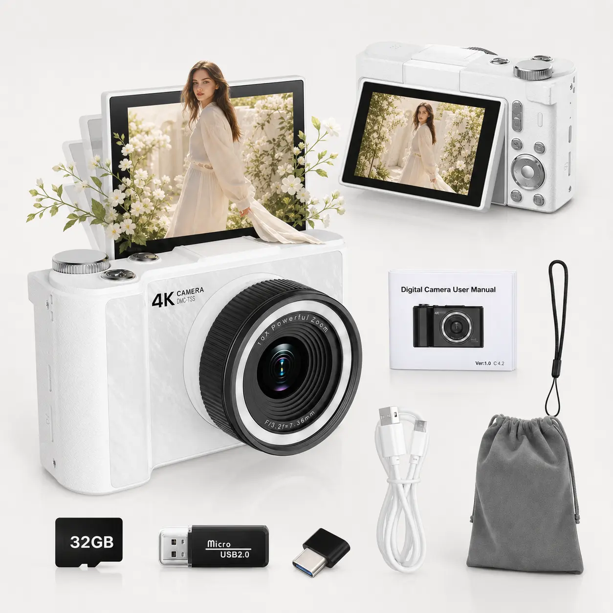 W&O Compact Digital Camera for Photography, 4K 48MP Vlogging Camera with 180° Flip Screen, Fill Light, 16X Digital Zoom and 32GB Card, Easy Point and Shoot Camera for Students and Young Women, Gift Idea
