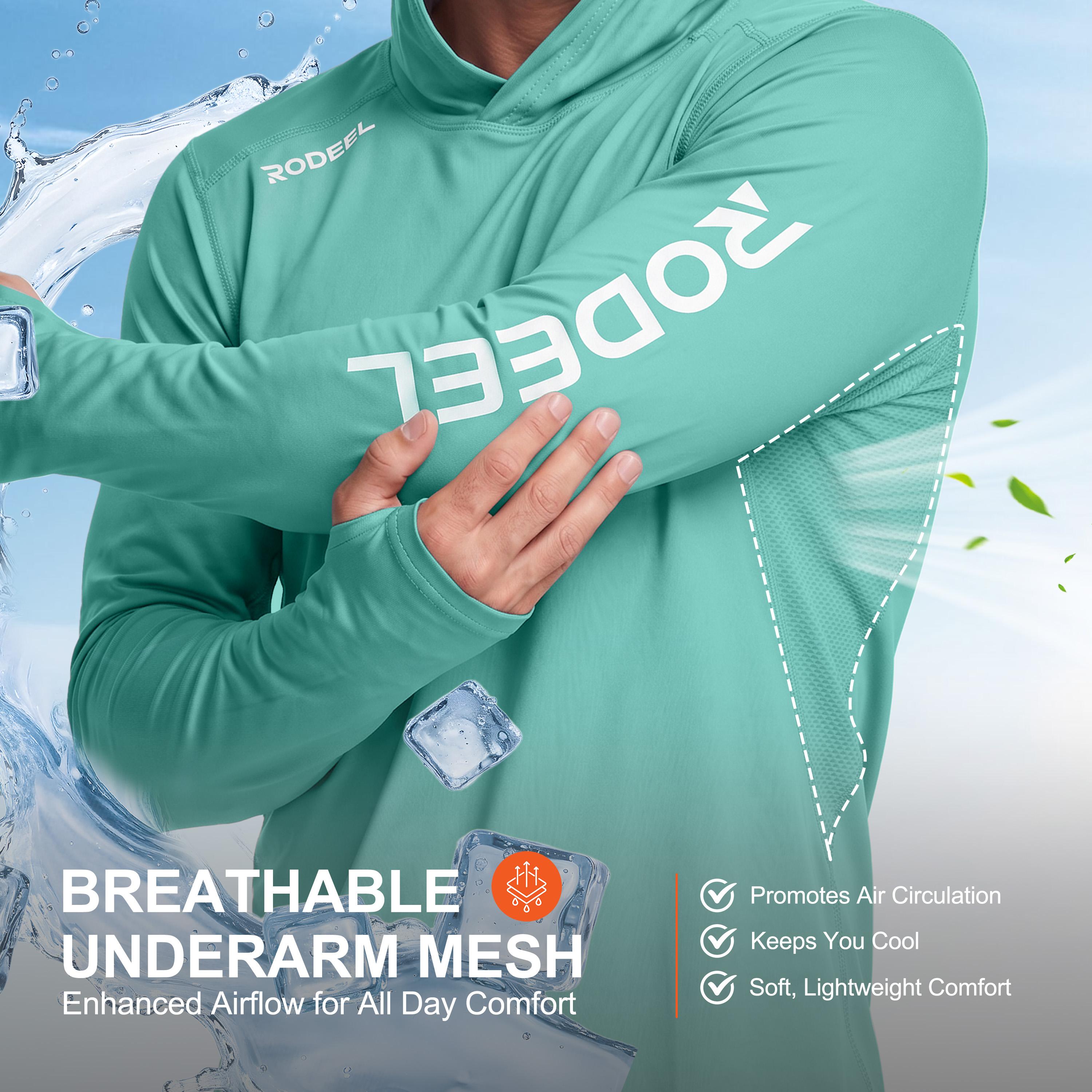 【RODEEL】962 Sun Hoodie Shirts w/ Thumbhole UV Detection Logo Men UPF 50+ Sun Protection Long Sleeve Lightweight Quick Dry Moisture Wicking Breathable Athletic Activewear for Outdoor Fishing Boating Hiking Construction SummerWins