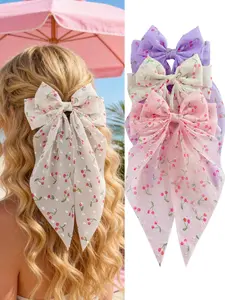 Elegant Cherry Print Bow Hair Clips for Women, Personalized Clip, Spring Summer Style, Snow Silk Fabric, Perfect for Daily Wear, Parties, Vacations