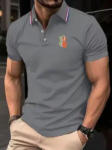 Men's Blue Trendy Print Short Sleeve Polo Shirt, Fashion Casual Colorblock Collar, Breathable Anti-Wrinkle Fitted Elastic Pattern