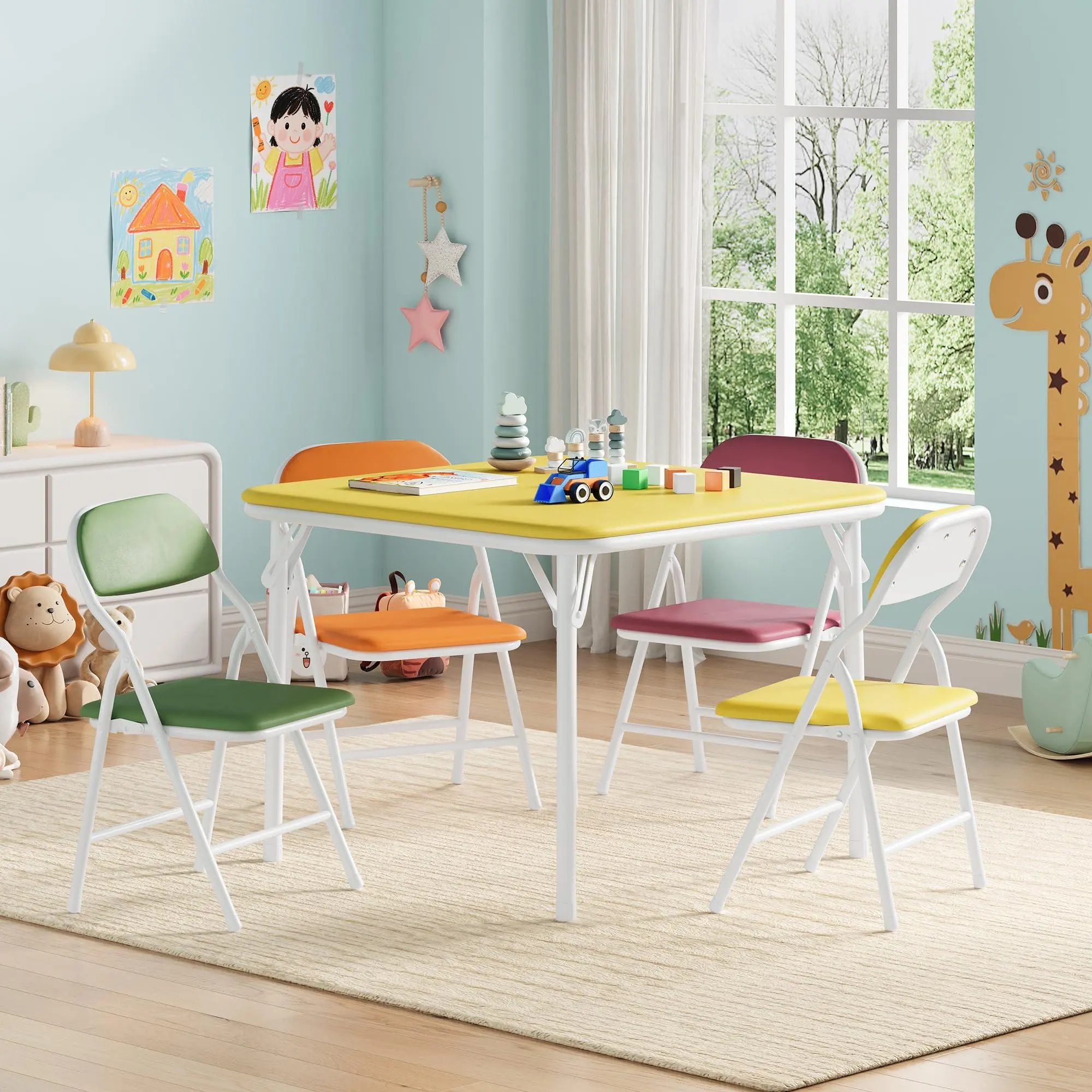 GAOMON 5-Piece Kids Folding Table and Chairs Set, Toddlers Children's Activity Table and Chairs Set for Dining Room, Daycare, Classrooms