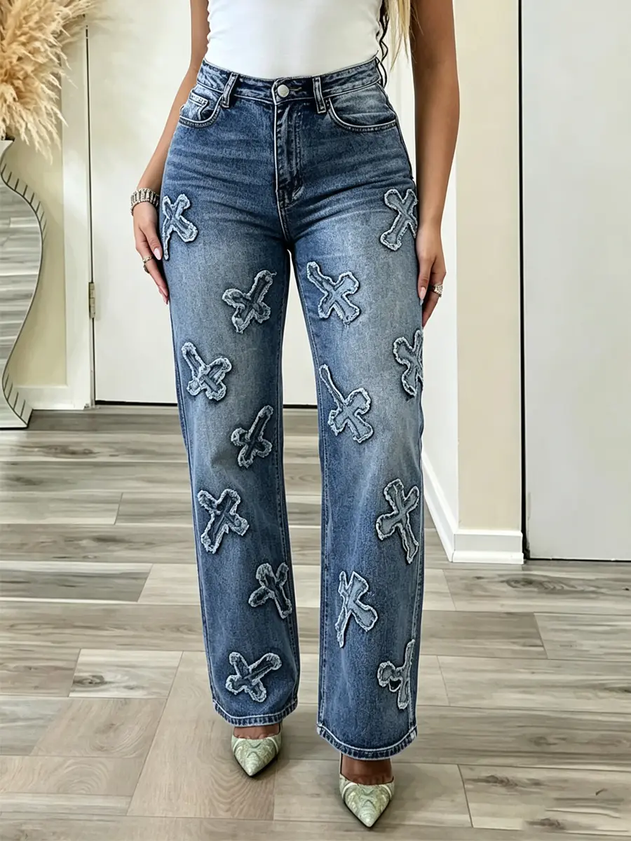 Women's Cross Print Cotton Jeans - Loose Straight-Cut, Distressed Frayed Raw Hem, Below-The-Ankle, Casual Streetwear, All-Season Everyday Bottoms with Pocket