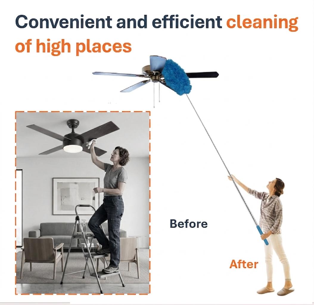 Extendable ceiling fan cleaning duster, washable and reusable cleaning tool microfiber duster, 13 to 31 inch fan blade cleaner, cleaning set with handle brush,for cleaning walls, bookshelves, doors and windows tops Orange Suit Lightweight Tool