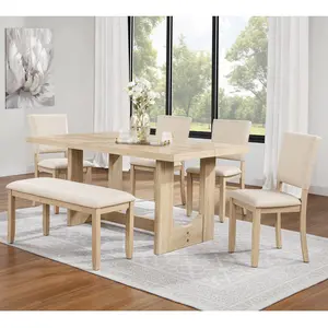 Six - piece dining set with bench. Wooden rectangular kitchen table, regular or U - shaped base, comes with bench & 4 upholstered chairs. Ideal for living rooms, kitchens & dining rooms. Colors: light oak & beige.