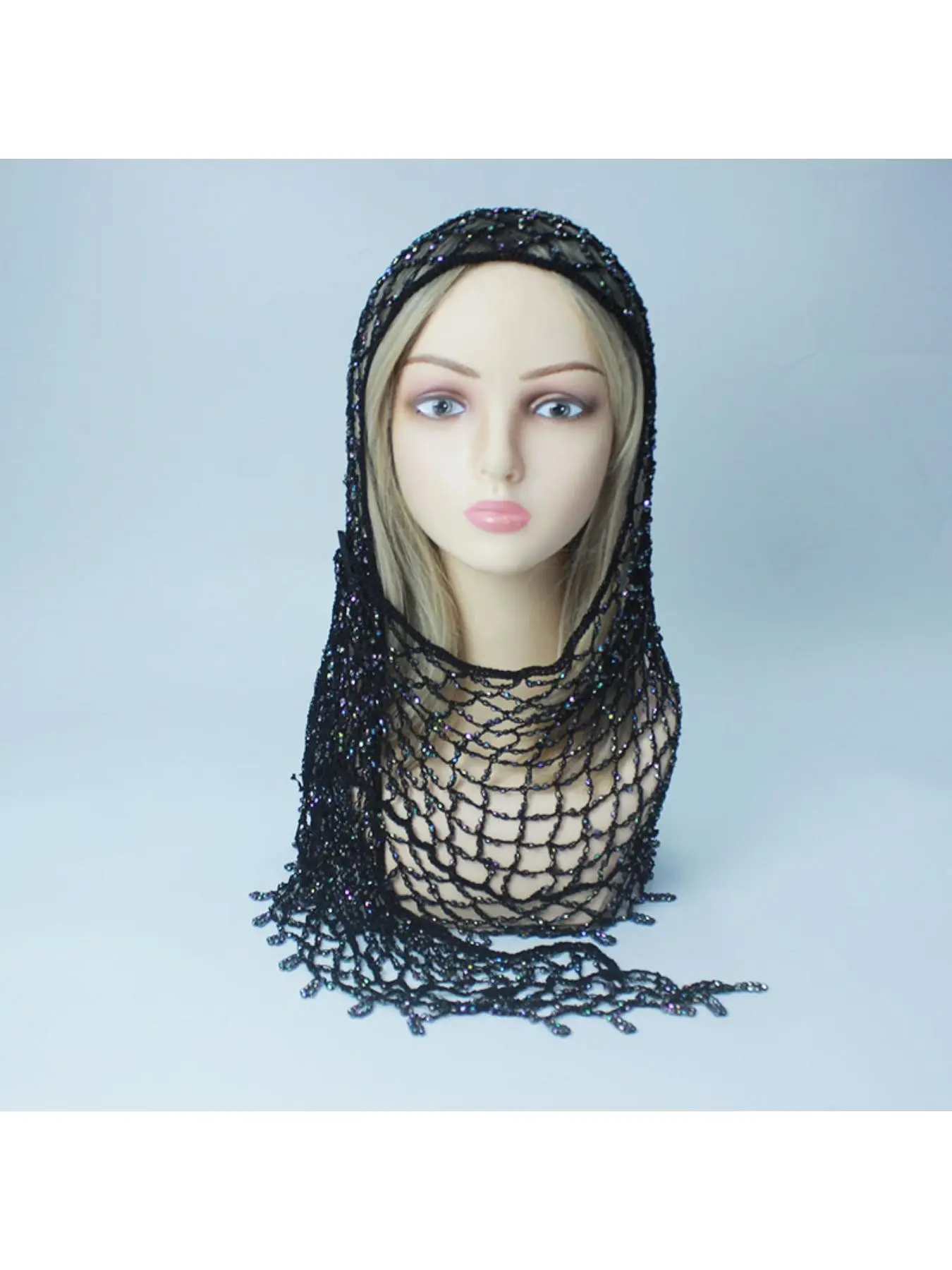 Bright silk netting hand-woven tassel design dazzling eye-catching bead decorated scarf Head Scarf
