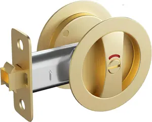 goldenwarm Gold Pocket Door Lock with Indicator, Brushed Gold Contemporary Privacy Round Pocket Door Hardware, Brass Pocket Door Lock(1 Pack) lock door
