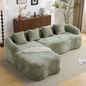 Compressed L-Shape Sectional Sofa with Curved Chaise - Modular Chenille Cushion, High-Density Foam, Expandable Corner Cushion Sofa Sets for Living Room & Apartment, L-Shape Sofa Sets