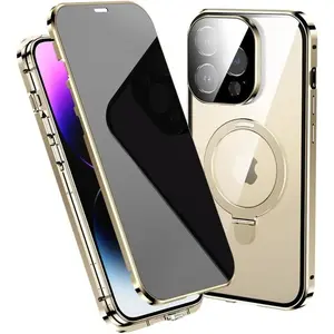 For iPhone 16 15 14 Pro Max Anti-Peeping Metal Frame Double Sided Protection Magnetic Case Privacy Screen Lens Protector Stand