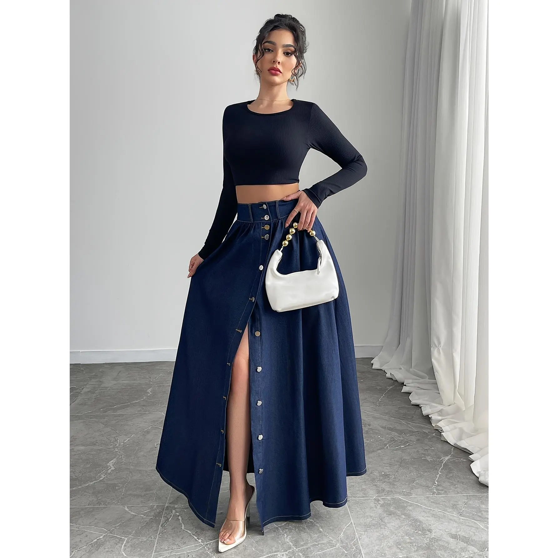 Women'S Elegant High-Waist Denim Circle Skirt with Button Front and Flared Hem, Slight Stretch Woven Fabric, Solid Color - Polyester & Elastane Blend for Spring/Summer/Fall