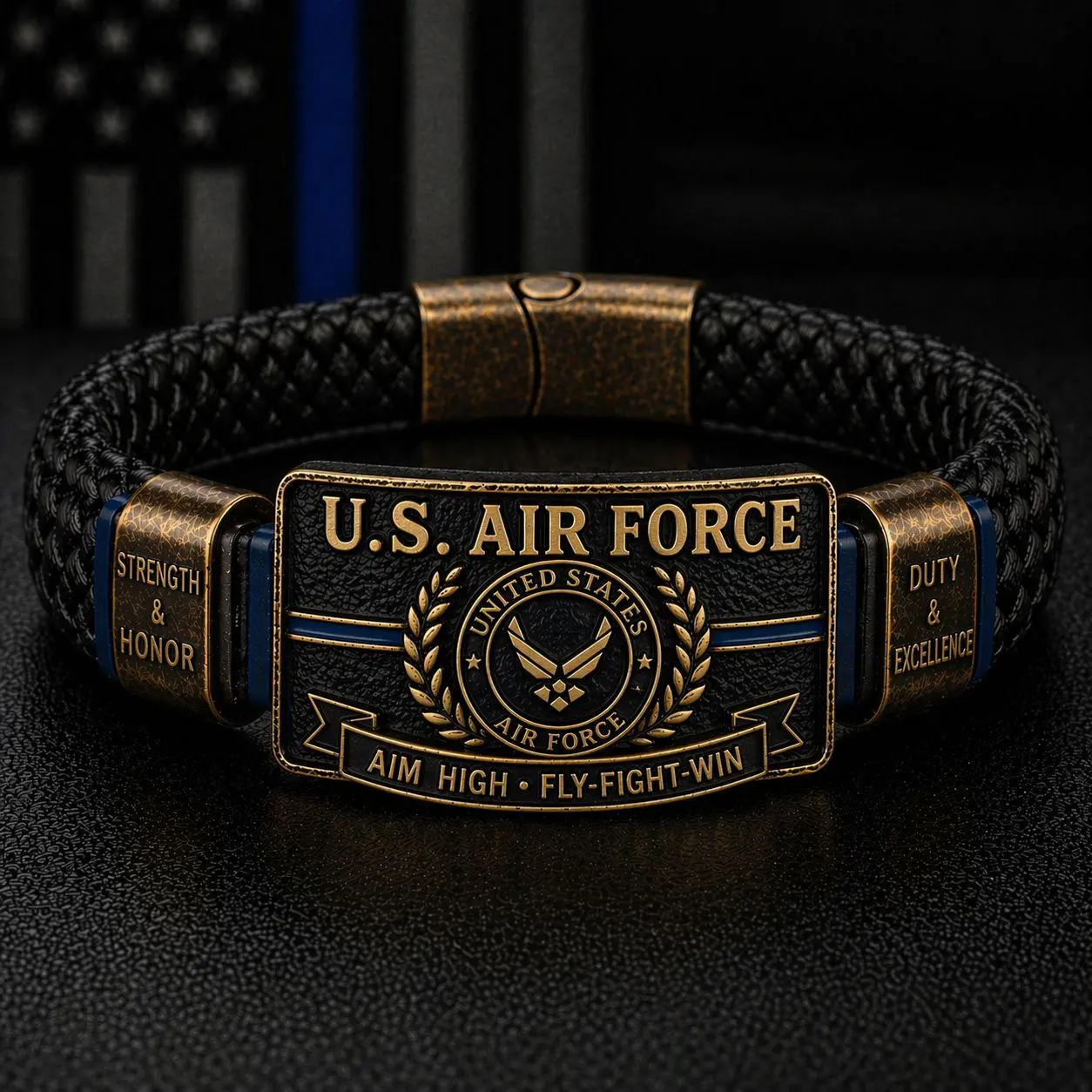 Vintage Metal Plate USAF Memorial Bracelet, United States Air Force Emblem Braided Wristband For Active & Retired Air Force Veterans Souvenir Jewelry