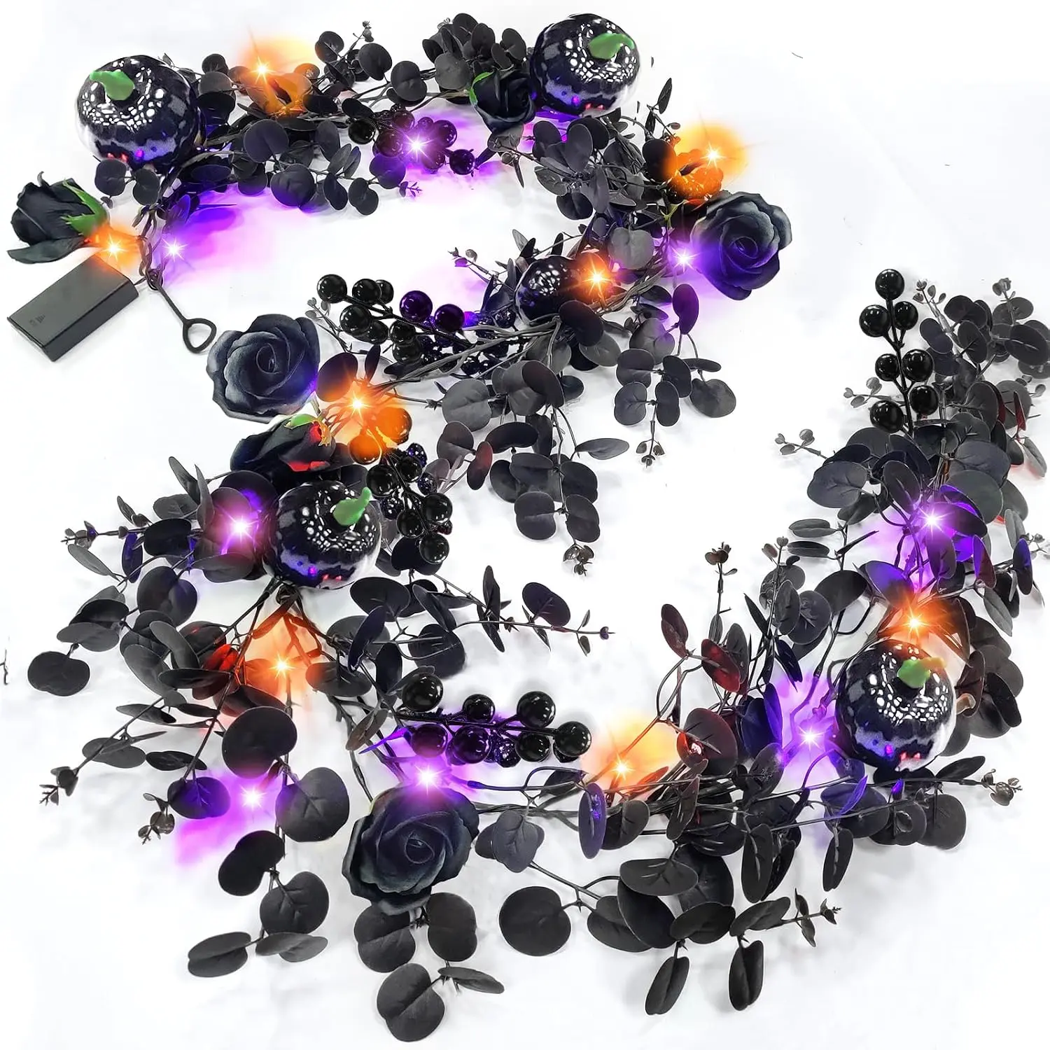 6 Ft 20 LED Halloween Garland with Purple Orange Lights Timer | Black Eucalyptus Roses Pumpkins Berried Twig, Halloween Garland Battery Operated, Halloween Decorations for Home Table Mantle