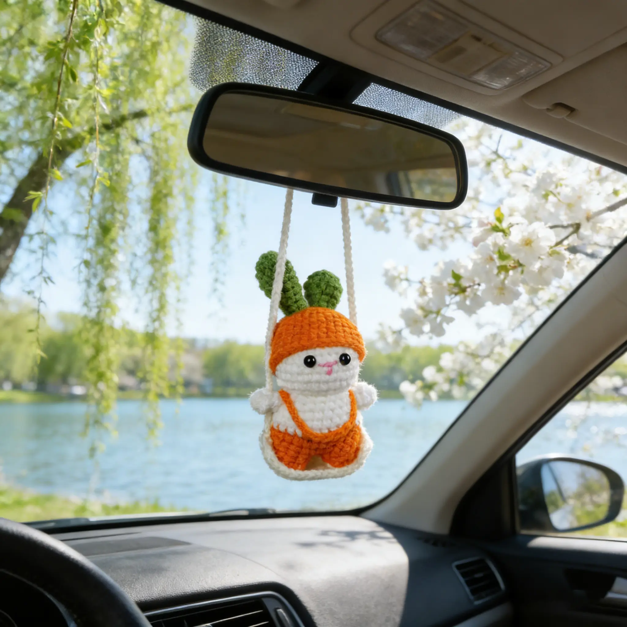 Swinging Garden Crochet – Summer Car Hanging Decor with Bunny & Carrot – Handmade Amigurumi Festive Ornament Set for Summer