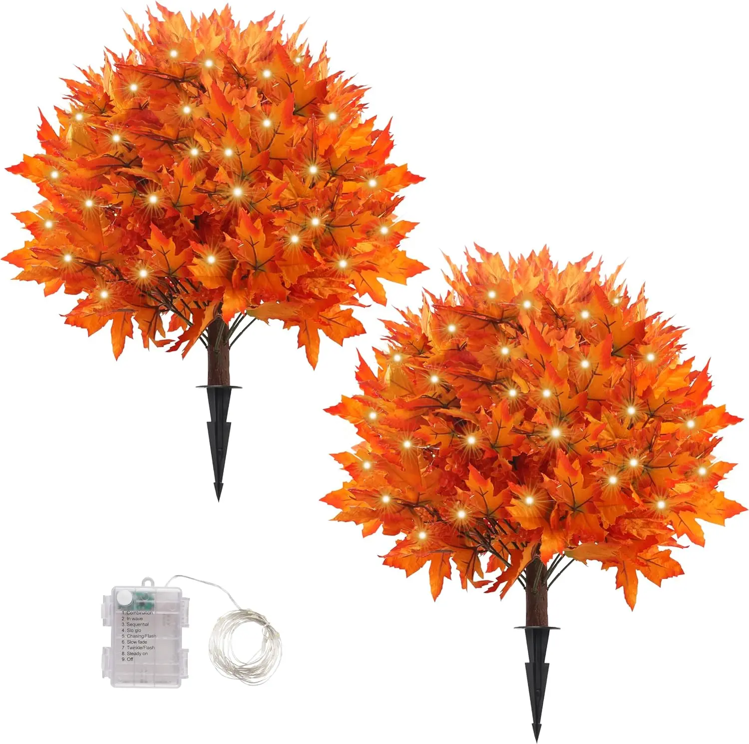 #DealsForYouDays 27 in Standing Artificial Maple Topiary Trees (Set of 2) with 100 LED Lights, Realistic Look UV Resistant Fall Decoration with Ground Spike, Indoor Outdoor Mother's Day Harvest Decor