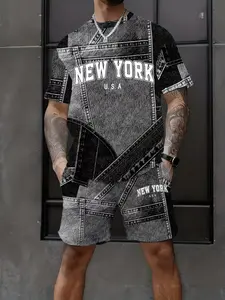 Men's Outdoor Clothing Denim Element Short Sleeve Set, Summer Trendy Fashion Quick-Dry Fabric, Vintage Street Style, Perfect Gift