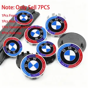 7Pcs BMW Blue White Logo Car Front Bonnet Hood Emblem And Rear Trunk Badge And Car Wheel Hub Caps And Car Steering Wheel Sticker For BMW M F30 F10 G01 E36 E39 E87 E46 E60 E63 E64 E70 E90 E92 E93 E53 E94 X3 X5 X6 Replacement Modification Auto Accessories