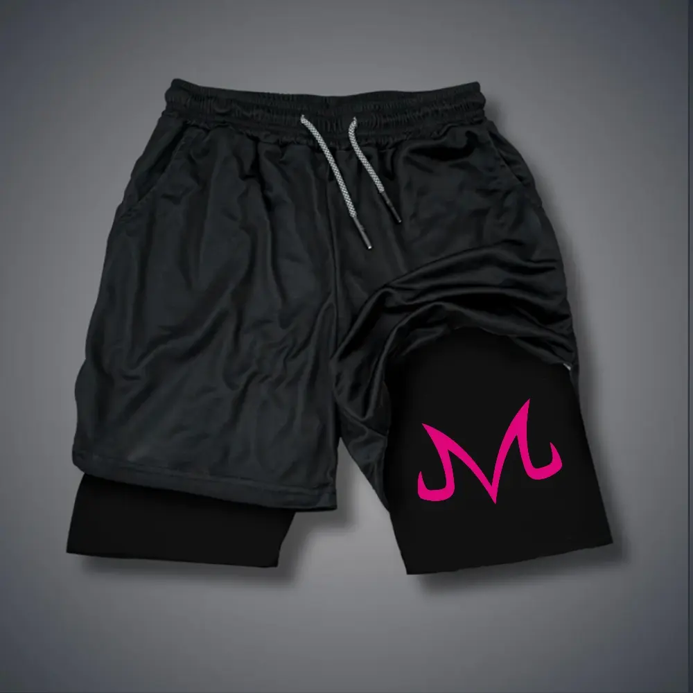 Anime Double-Layer Sports Shorts Graphic Black Camo Streetwear Men's Outfits with Inner Stretchy Layer & Outer Mesh for Breathability