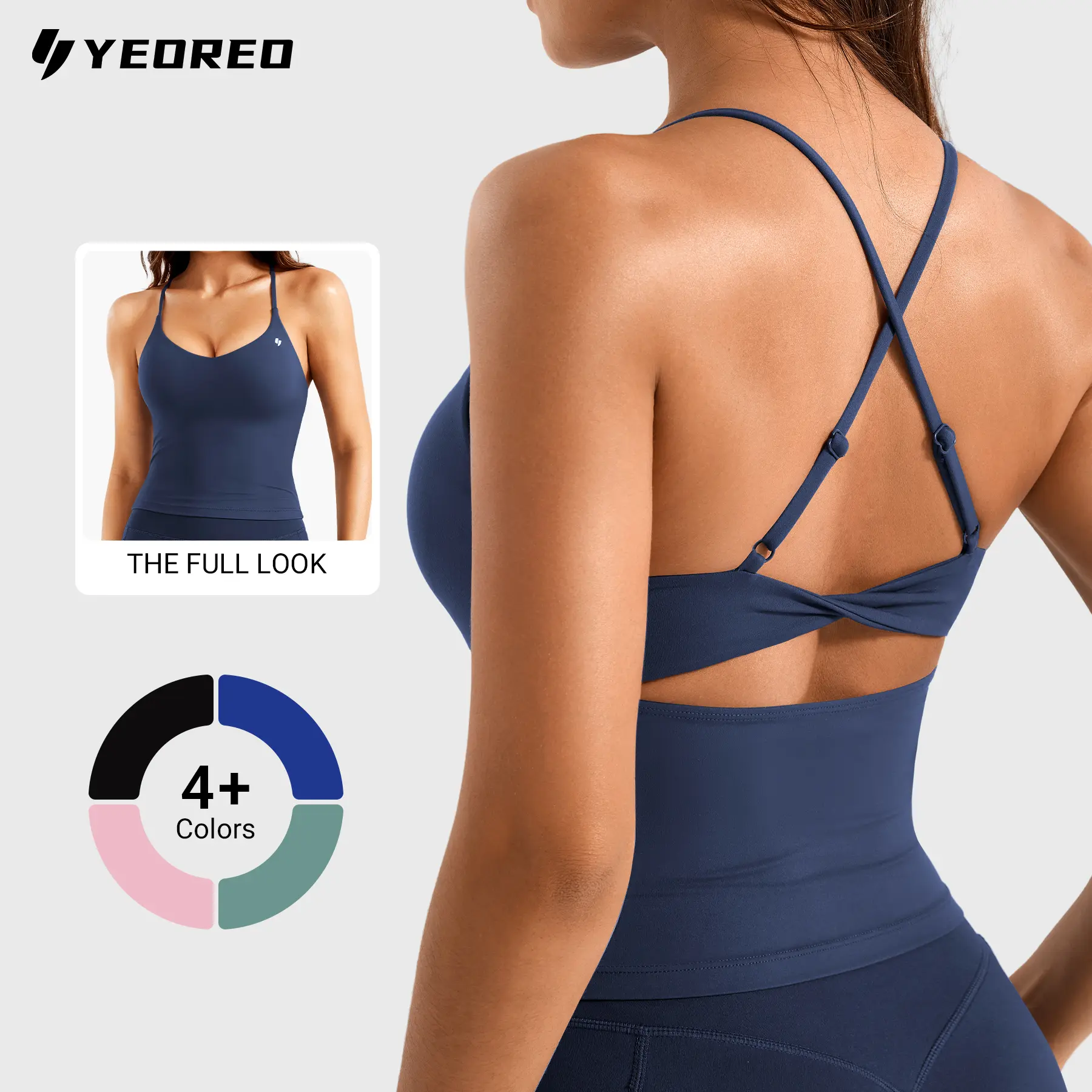 YEOREO Adjustable Strappy Workout Camisole Built-in Bra Tank Top Twist Crossover Longline Sports Top