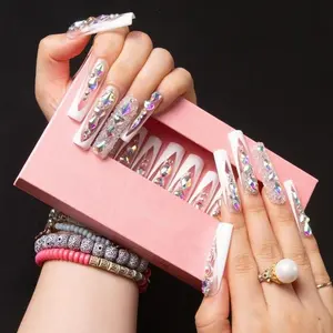 AuraMuse Nails 2025 | Luxury Rhinestone French Tips, muticolored |   10PCS 100% Handmade Press-On Nails |   Reusable&Durable |   XL Square Acrylic Fake Nails Set