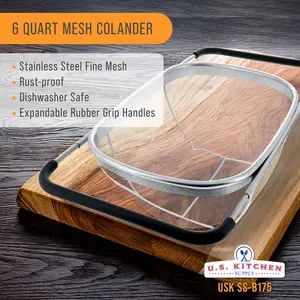 U.S. Kitchen Supply Stainless Steel Colander Strainer - 6-Quart Collapsible Colander with Expandable Rubber Handles - Rectangular Sieve, Fine Mesh Stainless Steel Strainers and Colanders for Kitchen
