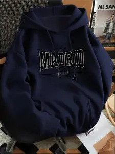 MADRID Print Hooded Sweatshirt, Fleece-Lined Thickened Style, Soft & Comfortable, Suitable for Autumn & Winter Daily Wear & Outdoor Sports, Minimalist & Versatile, Men's Casual Hoodie, Active Athletic Pullover