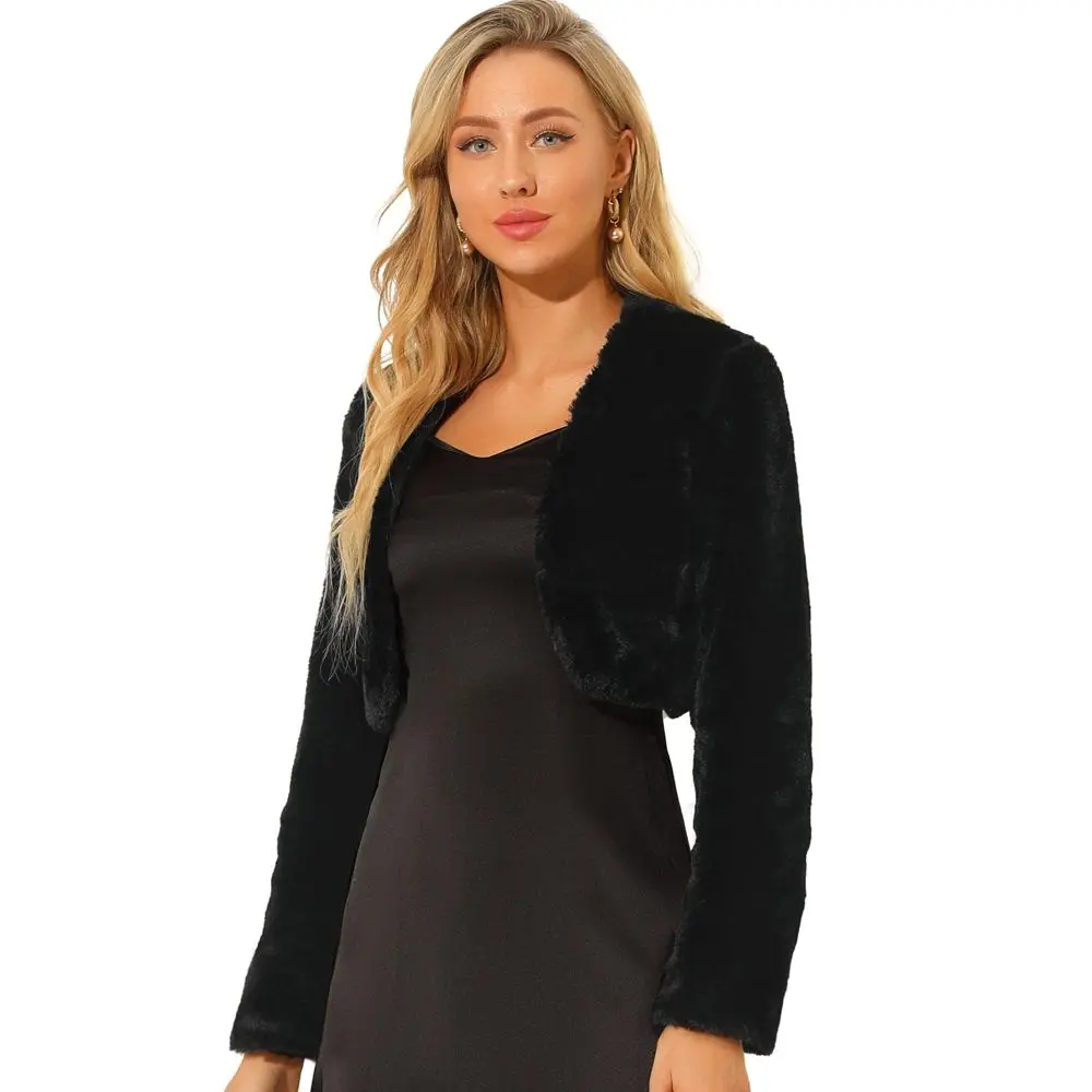 Allegra K Women's Cropped Open Front Collarless Long Sleeve Wedding Gown Faux Fur Jacket