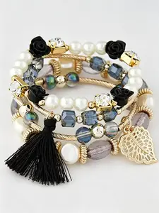 Vintage Boho Rose & Pearl Bracelet Set  Multilayered Crystal Stacking Wristband with Tassel & Leaf Charm | Perfect Aesthetic Gift for Her | Fashion Finds
