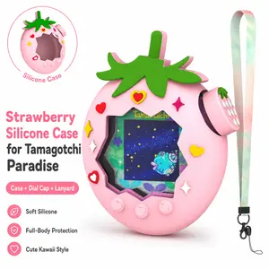 OAJ Cute Strawberry Silicone Case for Tamagotchi Paradise, Soft Protective Cover Set with Dial Cap & Blue Pink Lanyard