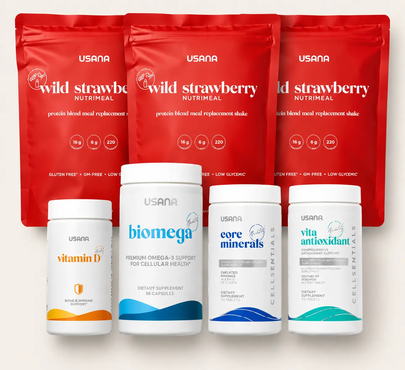 USANA Kickstart Pack | Nutrimeal Shake CellSentials BiOmega Vitamin D Bundle Daily Wellness Nutrition Essential Nutrients Cellular Nutrition Heart Wellness Brain Function Immune System Bone Health Energy Metabolism Healthy Lifestyle