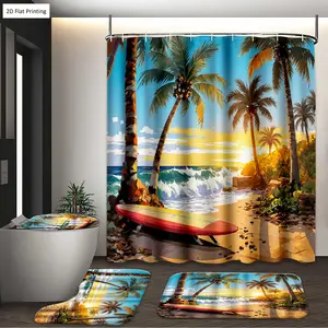 1/3/4PCS TROPICAL BEACH SCENE WITH PALM TREES AND SURFBOARD Shower Curtain Set with Rugs, Non Slip Bath Mat, U-Shape Carpet, Toilet Lid Cover, Bathtub Curtain Accessories, 12 Hooks, Home Bathroom Festival Decor